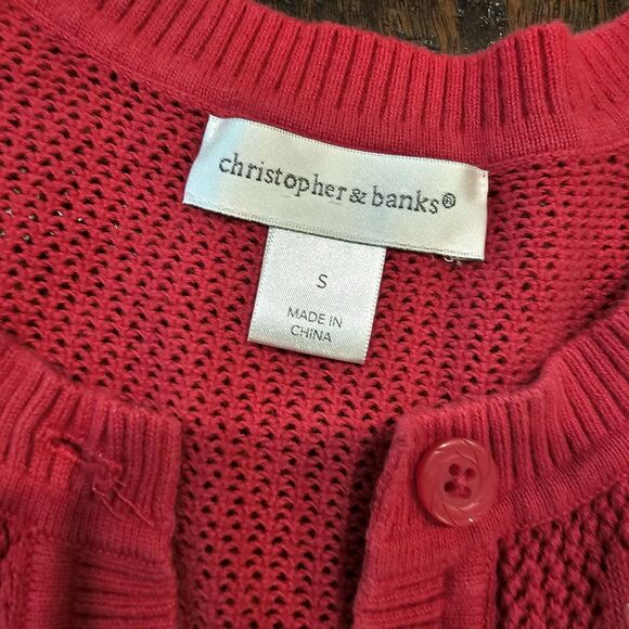 CHRISTOPHER & BANKS polka dot knit cardigan top size S red white retro Pin-up - Picture 2 of 7